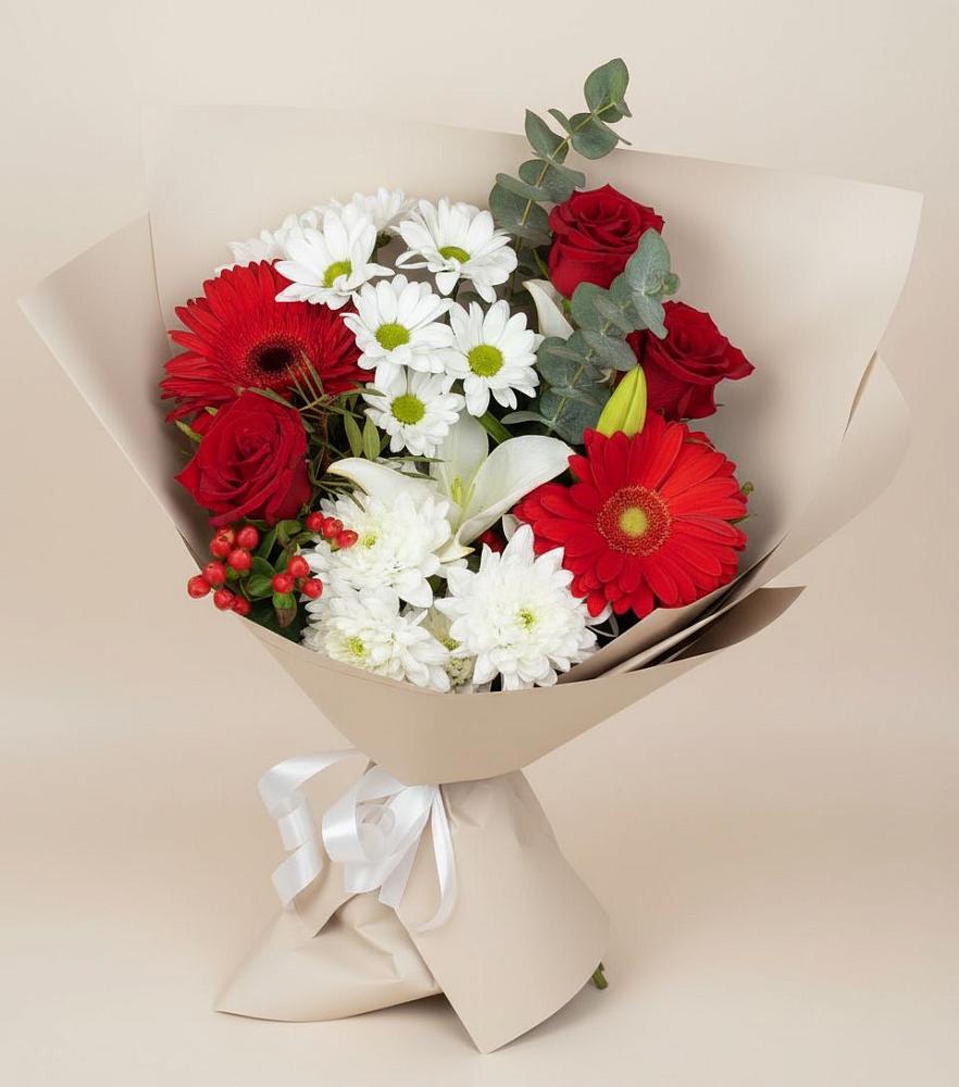 Букет цветов из: Розы, Хризантемы, Герберы и Лилии в Петропавловке Республики Бурятия