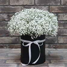 Цветочная композиция из Гипсофила в шляпной коробке в Петропавловке Республики Бурятия